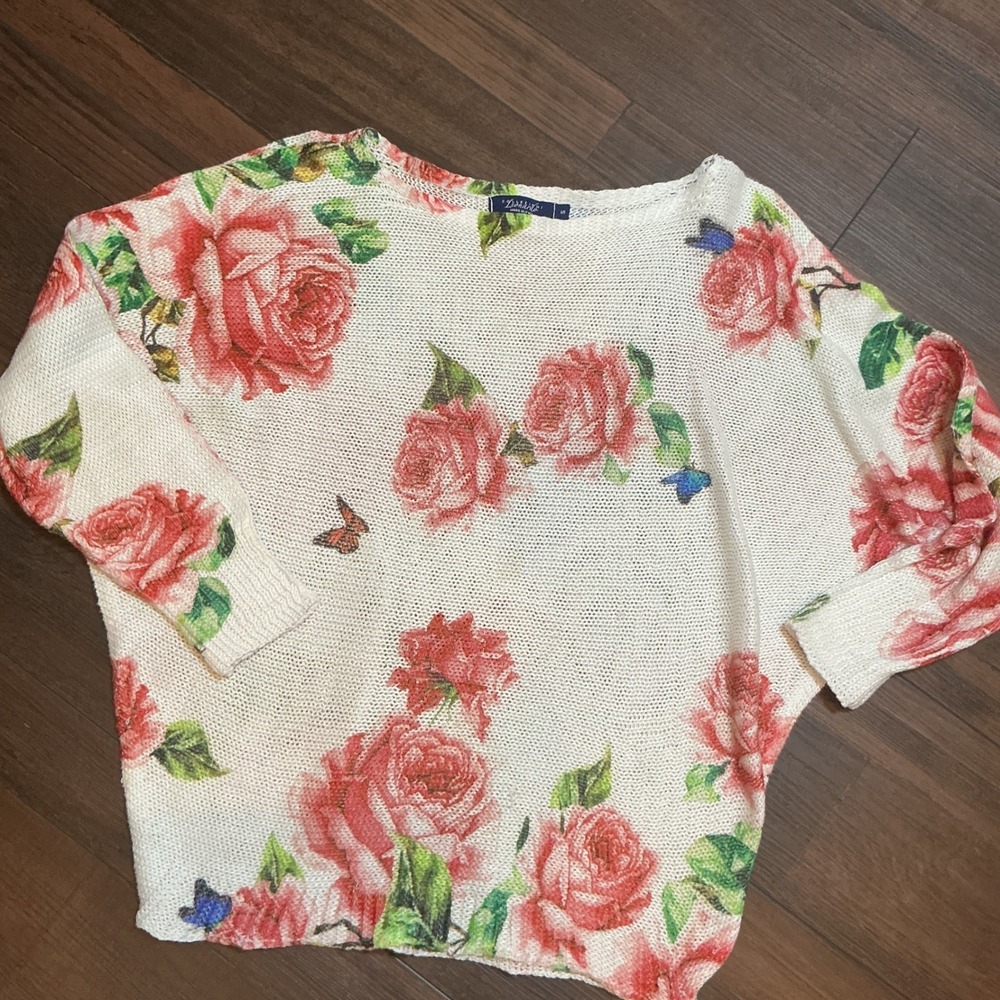 Collezioni Leonardo Floral Rose Knit Sweater White Red Dolman Italy Sz S Boho